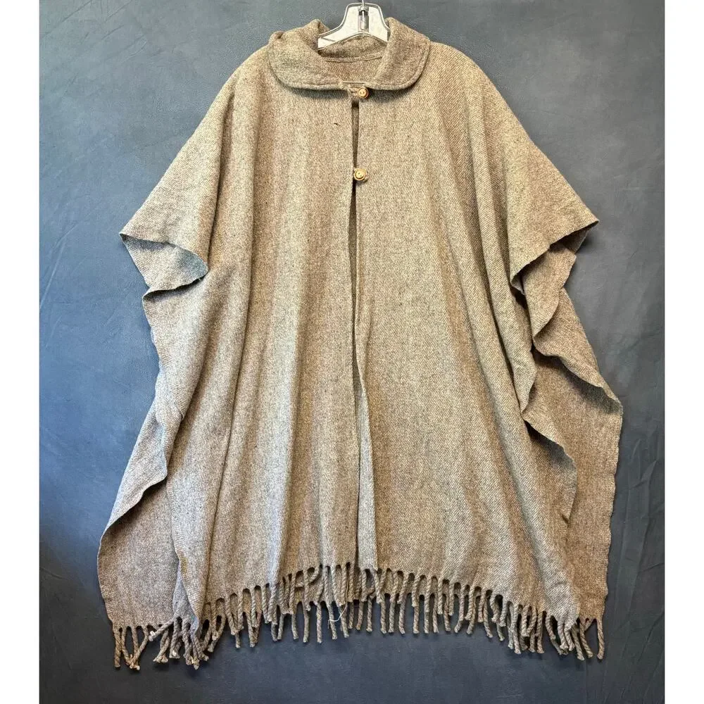 Vintage 1960s Wool Poncho Cape Coat Fringe Hem Tan Brown One Size Boho Western